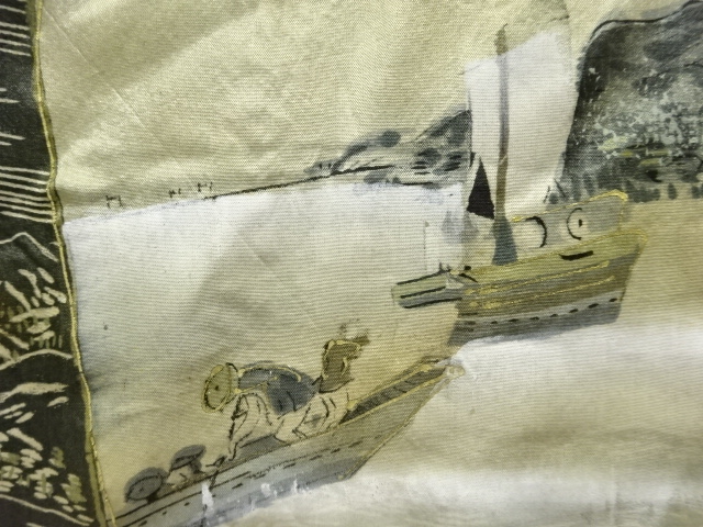 アンティーク　富士に風景模様肩裏紋付羽二重男物羽織